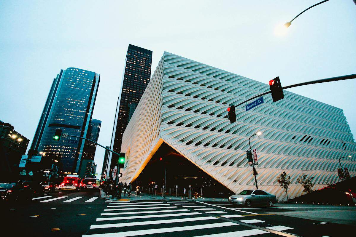 white exterior of the Broad Museum in Los Angeles, California
