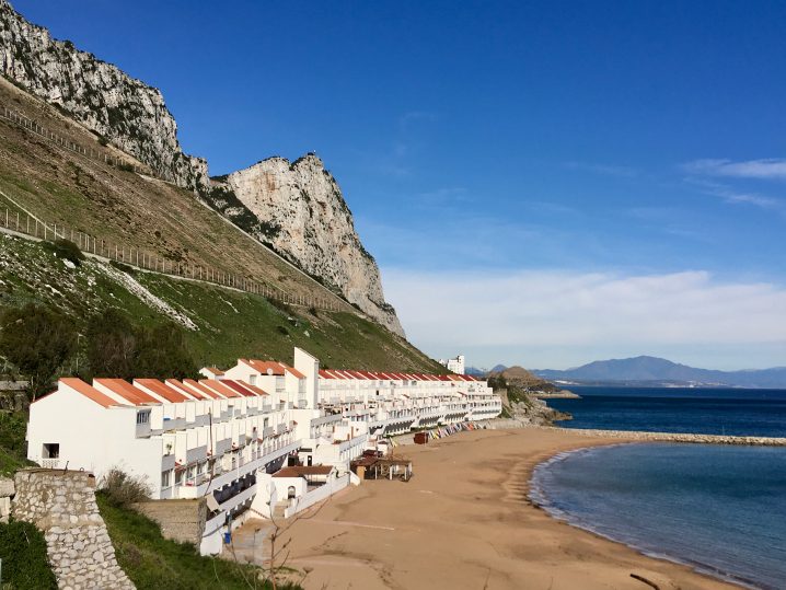 A golden sand beach in Gibraltar.