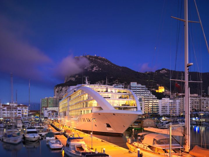 A photo of the Sunborn Gibraltar at night.