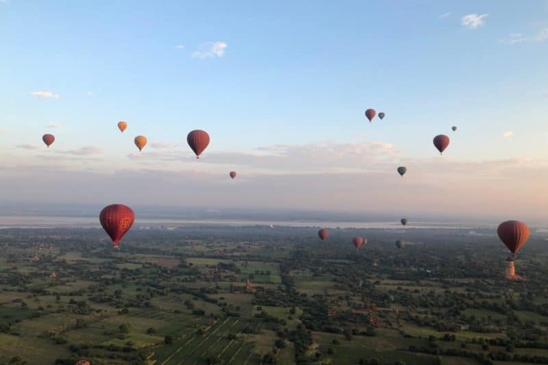 hot air balloons over Bagan, one of the best places for solo travel in Asia