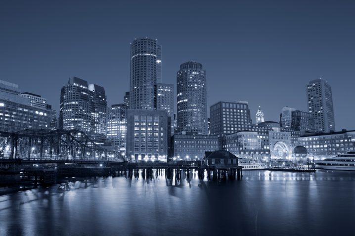 A night photo of Boston, MA.