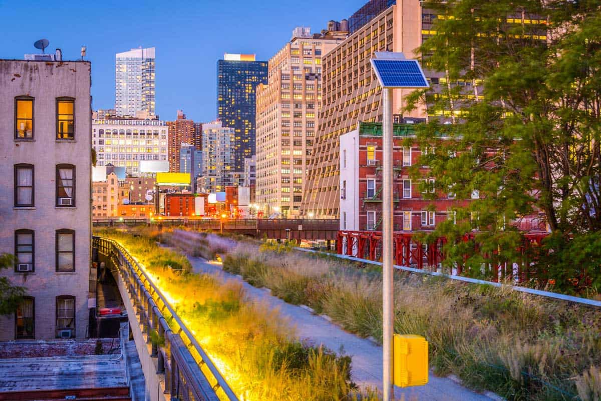 The High Line Park at night, NYC.