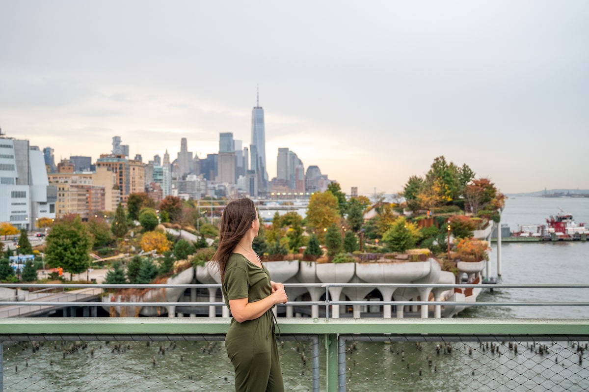 view of the NYC skyline, One World Trade, and Little Island from Pier 57