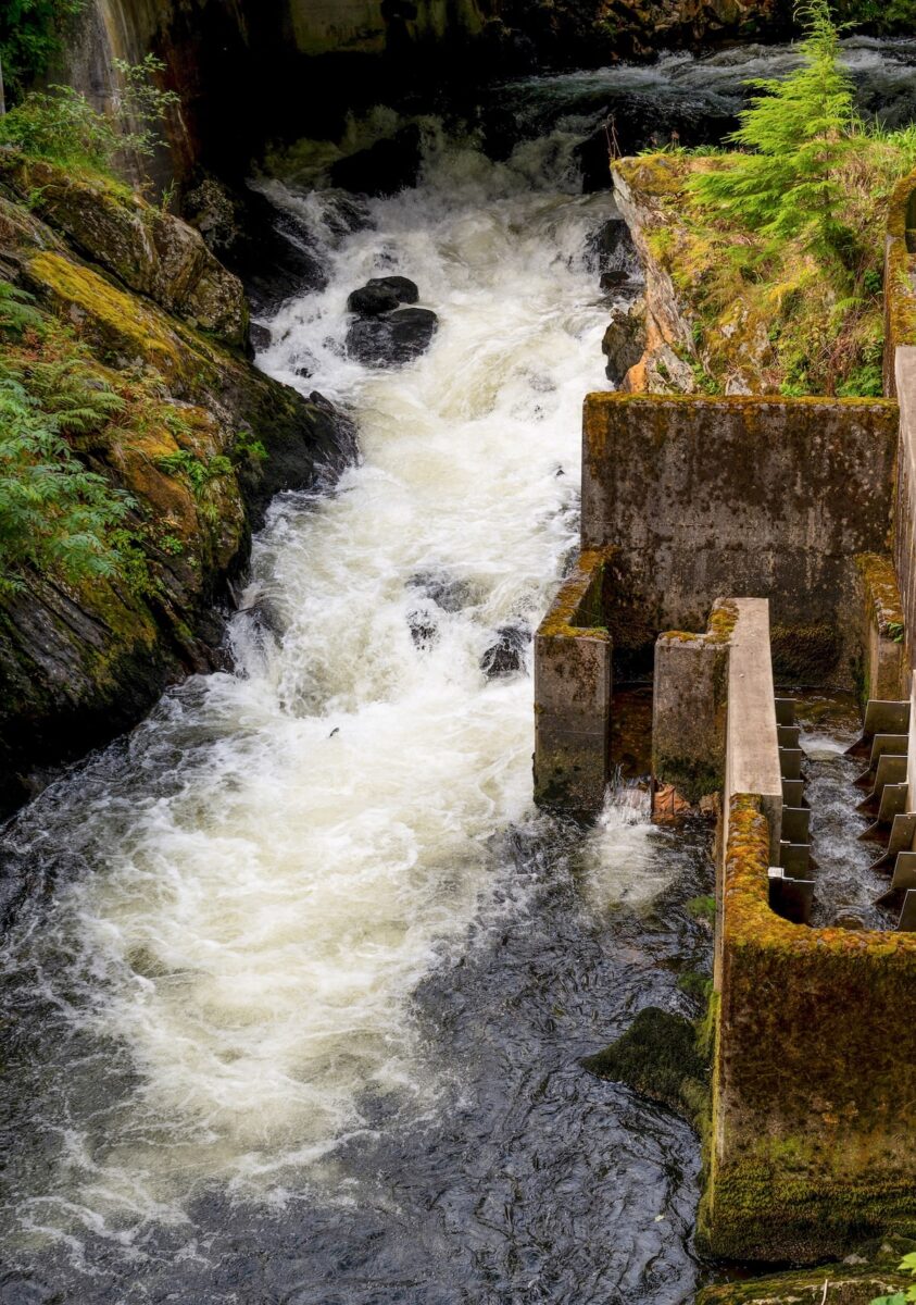 View of the rushing Creek Street Salmon Ladder in Ketchikan, Alaska, with churning white water surrounded by moss-covered rocks and the ladder structure built to help salmon swim upstream.