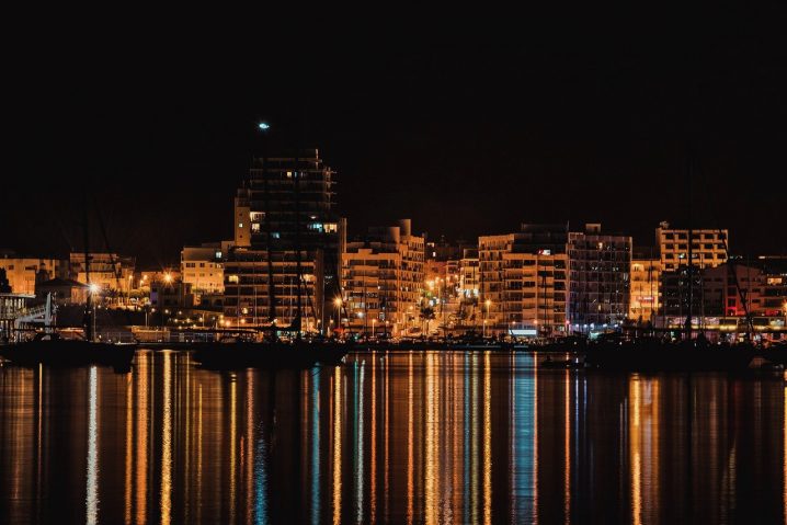 A view of Ibiza port at night